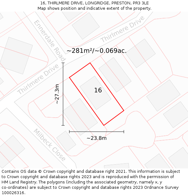 16, THIRLMERE DRIVE, LONGRIDGE, PRESTON, PR3 3LE: Plot and title map
