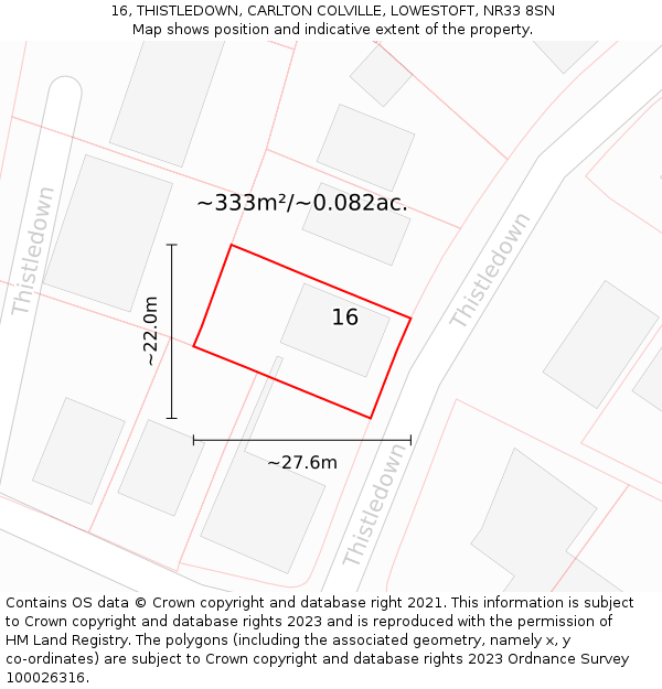 16, THISTLEDOWN, CARLTON COLVILLE, LOWESTOFT, NR33 8SN: Plot and title map
