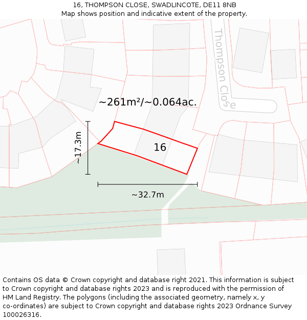 16, THOMPSON CLOSE, SWADLINCOTE, DE11 8NB: Plot and title map
