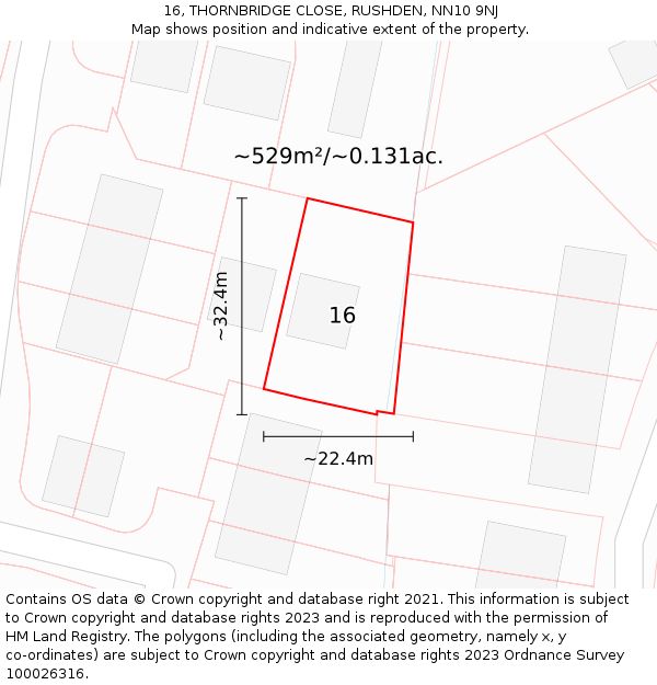 16, THORNBRIDGE CLOSE, RUSHDEN, NN10 9NJ: Plot and title map