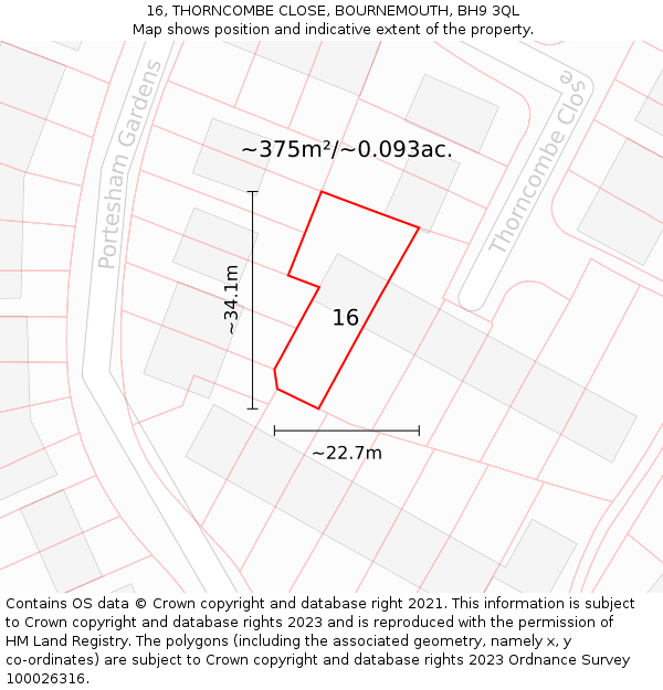 16, THORNCOMBE CLOSE, BOURNEMOUTH, BH9 3QL: Plot and title map