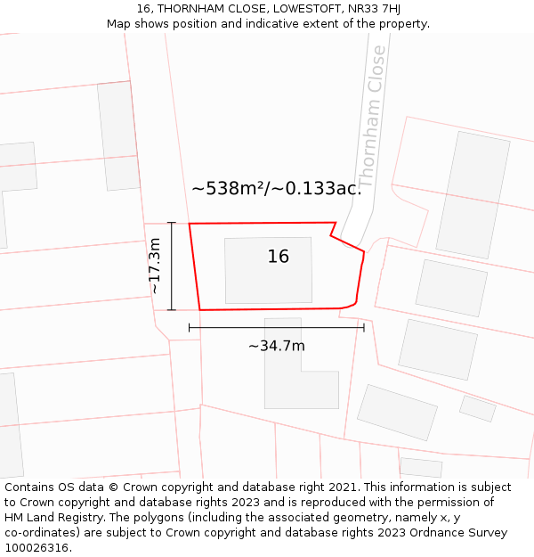 16, THORNHAM CLOSE, LOWESTOFT, NR33 7HJ: Plot and title map