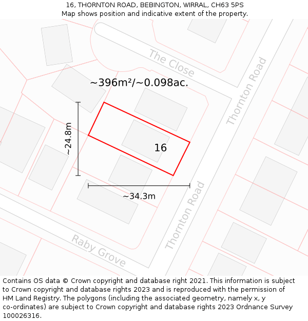 16, THORNTON ROAD, BEBINGTON, WIRRAL, CH63 5PS: Plot and title map