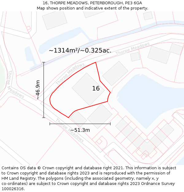 16, THORPE MEADOWS, PETERBOROUGH, PE3 6GA: Plot and title map