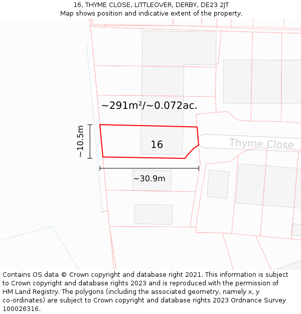 16, THYME CLOSE, LITTLEOVER, DERBY, DE23 2JT: Plot and title map