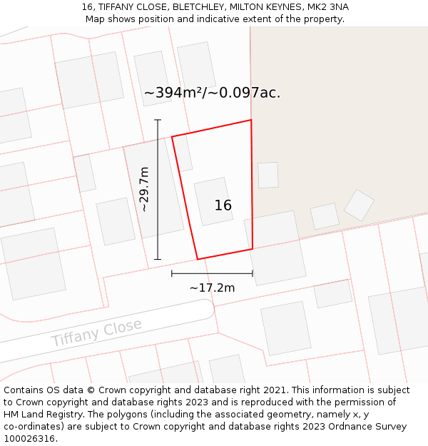 16, TIFFANY CLOSE, BLETCHLEY, MILTON KEYNES, MK2 3NA: Plot and title map