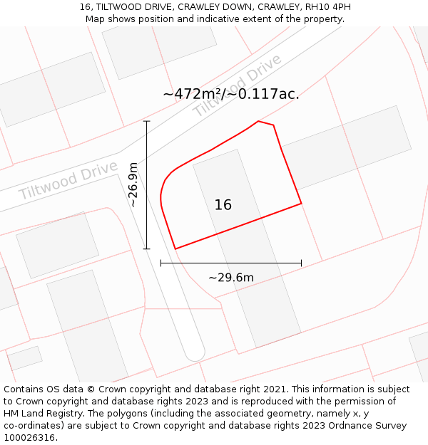 16, TILTWOOD DRIVE, CRAWLEY DOWN, CRAWLEY, RH10 4PH: Plot and title map