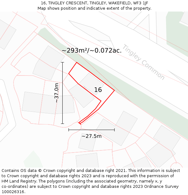 16, TINGLEY CRESCENT, TINGLEY, WAKEFIELD, WF3 1JF: Plot and title map