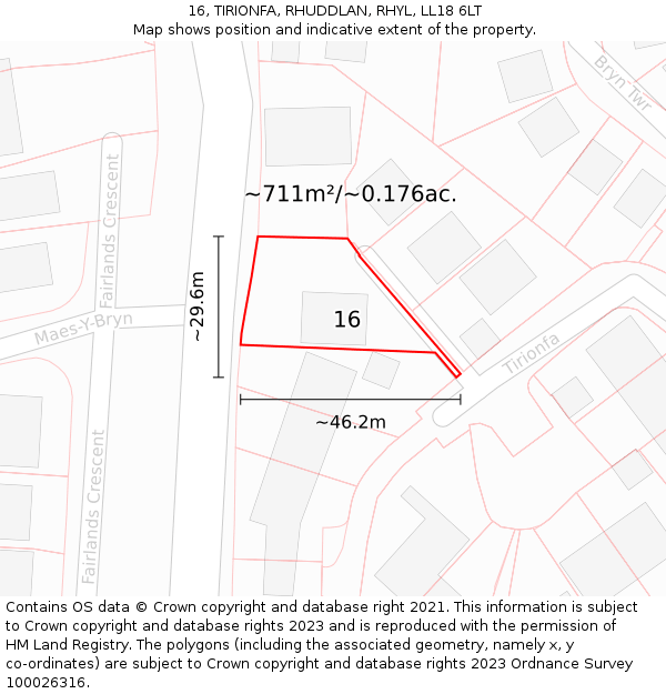 16, TIRIONFA, RHUDDLAN, RHYL, LL18 6LT: Plot and title map