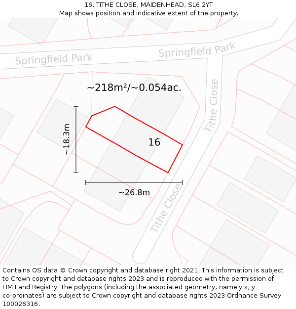 16, TITHE CLOSE, MAIDENHEAD, SL6 2YT: Plot and title map