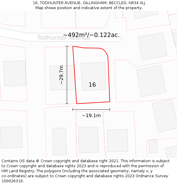 16, TODHUNTER AVENUE, GILLINGHAM, BECCLES, NR34 0LJ: Plot and title map