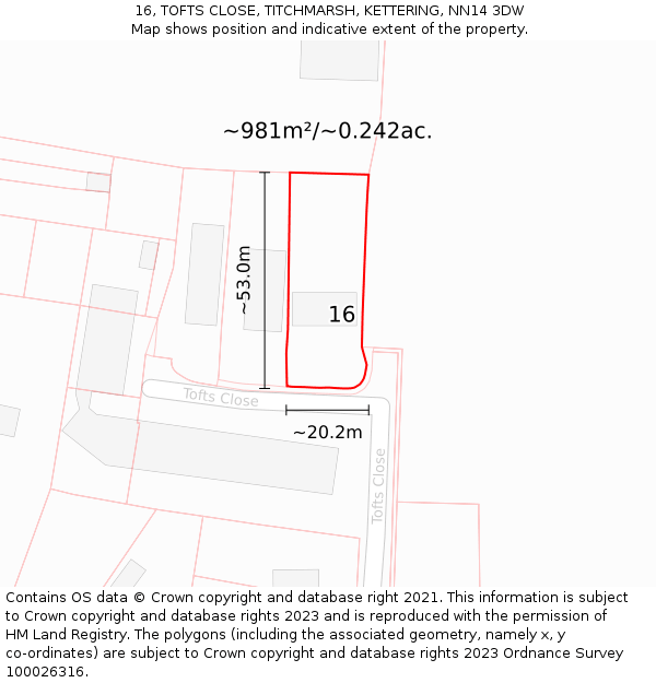 16, TOFTS CLOSE, TITCHMARSH, KETTERING, NN14 3DW: Plot and title map