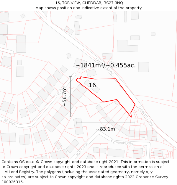16, TOR VIEW, CHEDDAR, BS27 3NQ: Plot and title map