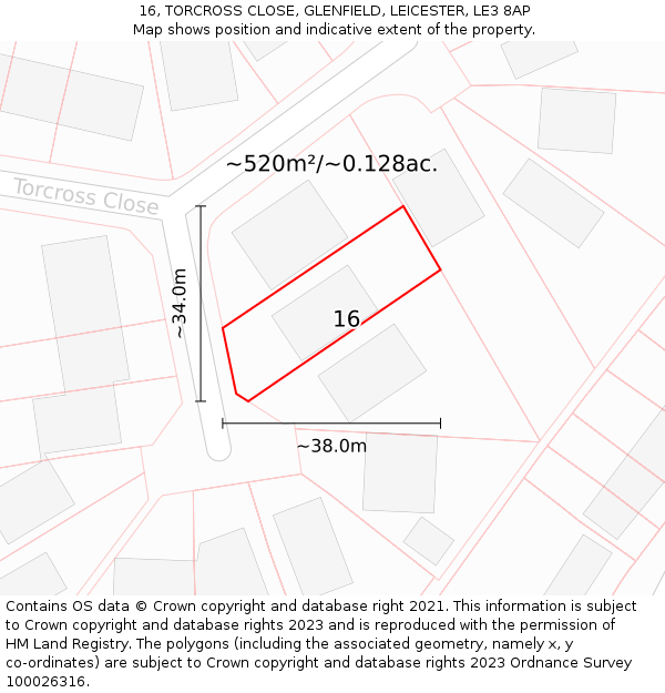 16, TORCROSS CLOSE, GLENFIELD, LEICESTER, LE3 8AP: Plot and title map