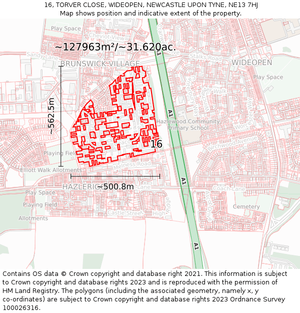 16, TORVER CLOSE, WIDEOPEN, NEWCASTLE UPON TYNE, NE13 7HJ: Plot and title map