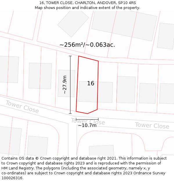 16, TOWER CLOSE, CHARLTON, ANDOVER, SP10 4RS: Plot and title map