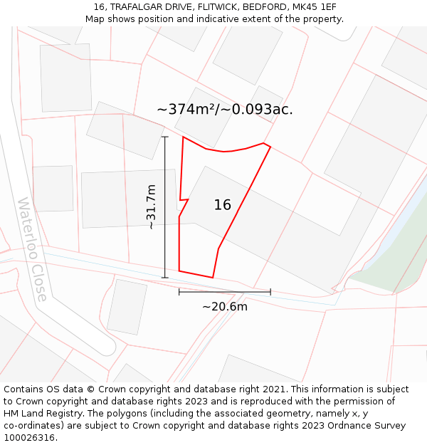 16, TRAFALGAR DRIVE, FLITWICK, BEDFORD, MK45 1EF: Plot and title map