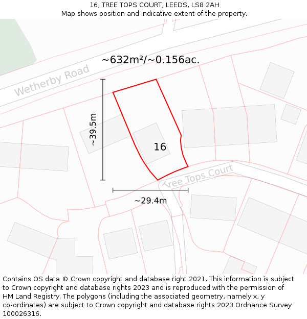 16, TREE TOPS COURT, LEEDS, LS8 2AH: Plot and title map