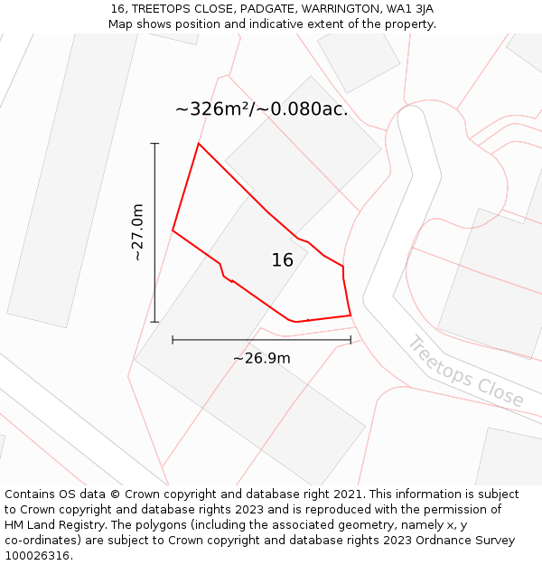 16, TREETOPS CLOSE, PADGATE, WARRINGTON, WA1 3JA: Plot and title map