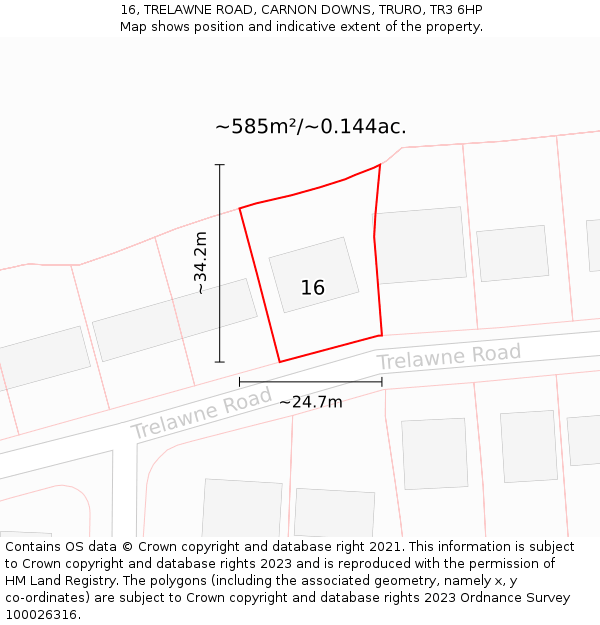 16, TRELAWNE ROAD, CARNON DOWNS, TRURO, TR3 6HP: Plot and title map