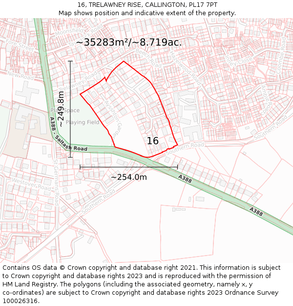 16, TRELAWNEY RISE, CALLINGTON, PL17 7PT: Plot and title map
