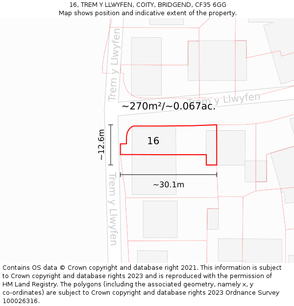 16, TREM Y LLWYFEN, COITY, BRIDGEND, CF35 6GG: Plot and title map