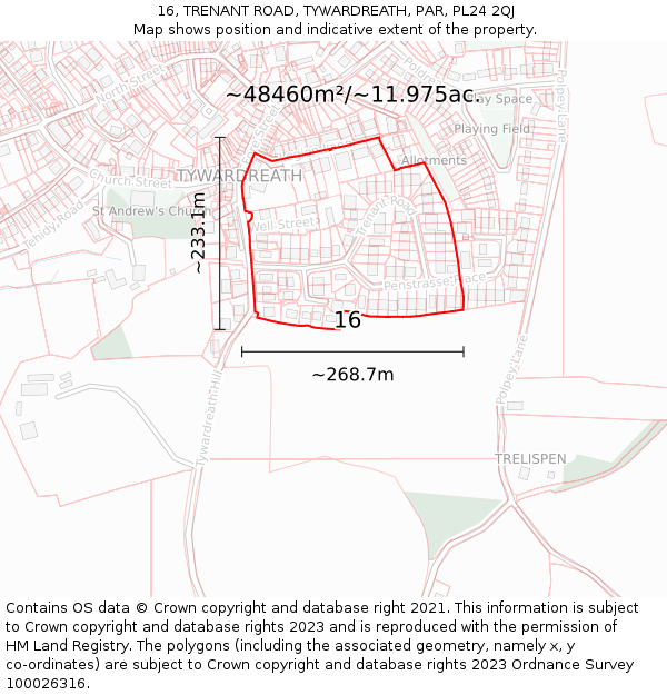 16, TRENANT ROAD, TYWARDREATH, PAR, PL24 2QJ: Plot and title map