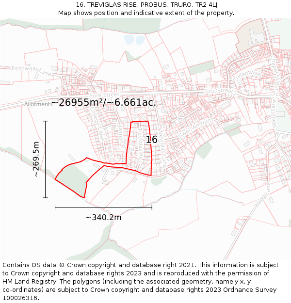 16, TREVIGLAS RISE, PROBUS, TRURO, TR2 4LJ: Plot and title map