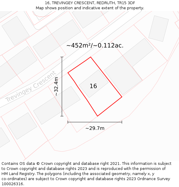 16, TREVINGEY CRESCENT, REDRUTH, TR15 3DF: Plot and title map
