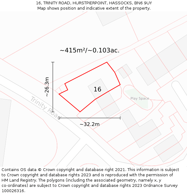 16, TRINITY ROAD, HURSTPIERPOINT, HASSOCKS, BN6 9UY: Plot and title map