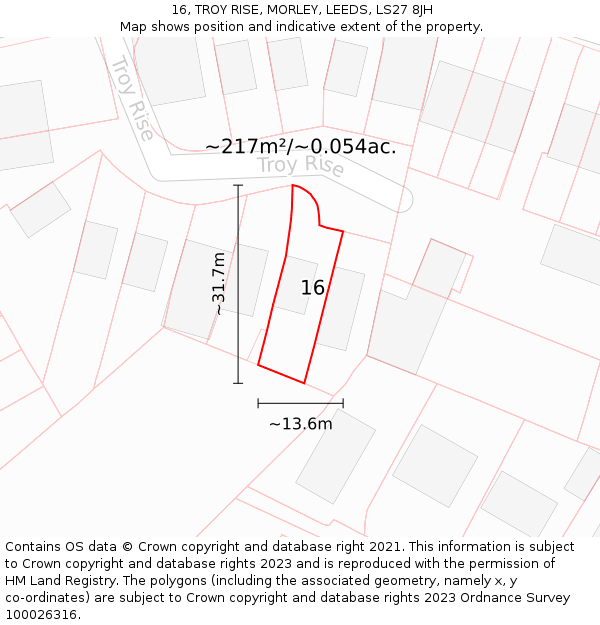 16, TROY RISE, MORLEY, LEEDS, LS27 8JH: Plot and title map