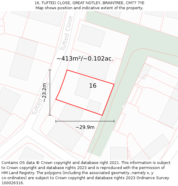 16, TUFTED CLOSE, GREAT NOTLEY, BRAINTREE, CM77 7YE: Plot and title map
