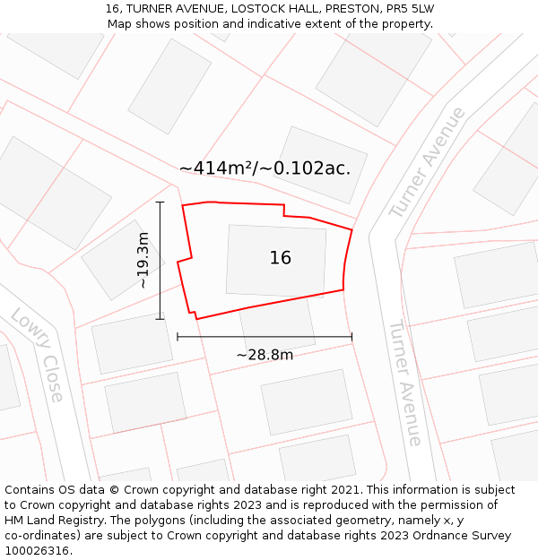 16, TURNER AVENUE, LOSTOCK HALL, PRESTON, PR5 5LW: Plot and title map
