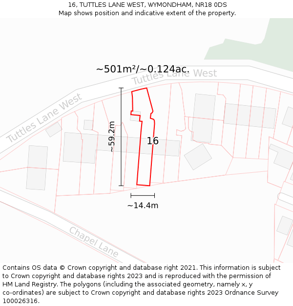 16, TUTTLES LANE WEST, WYMONDHAM, NR18 0DS: Plot and title map