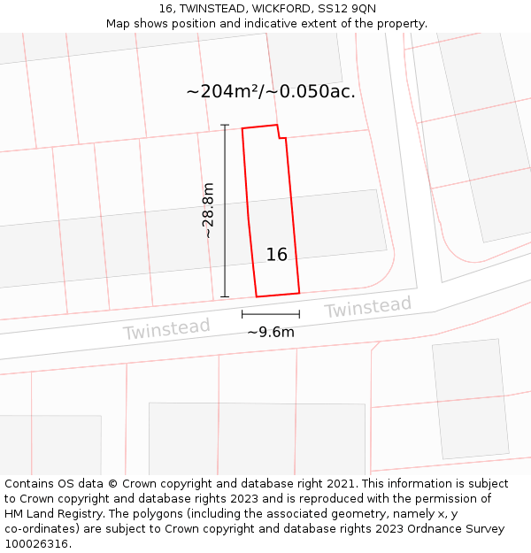 16, TWINSTEAD, WICKFORD, SS12 9QN: Plot and title map