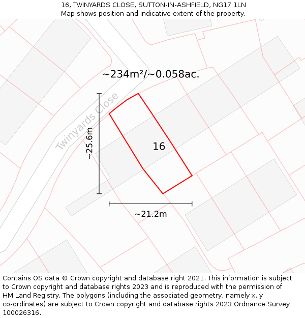 16, TWINYARDS CLOSE, SUTTON-IN-ASHFIELD, NG17 1LN: Plot and title map
