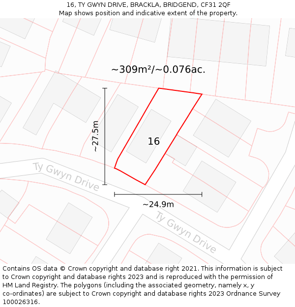 16, TY GWYN DRIVE, BRACKLA, BRIDGEND, CF31 2QF: Plot and title map