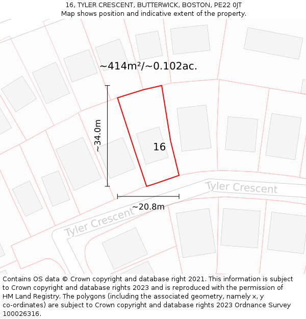 16, TYLER CRESCENT, BUTTERWICK, BOSTON, PE22 0JT: Plot and title map