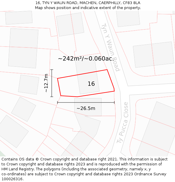 16, TYN Y WAUN ROAD, MACHEN, CAERPHILLY, CF83 8LA: Plot and title map