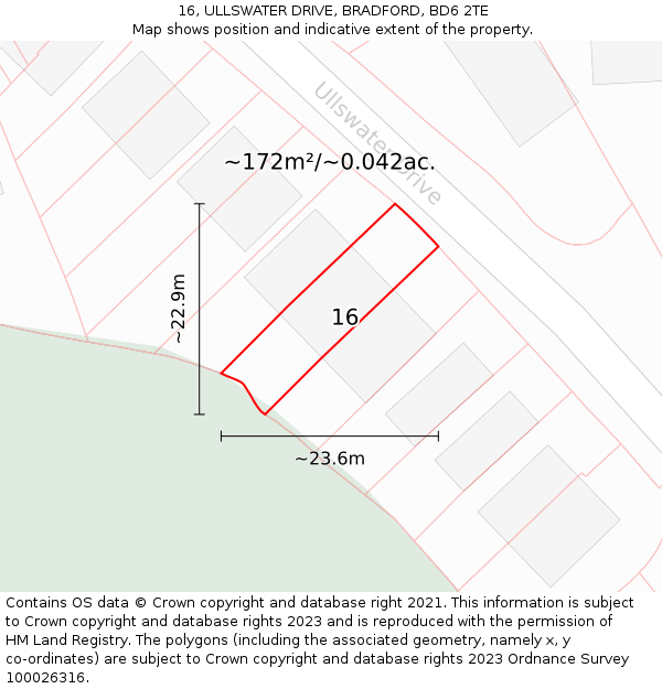 16, ULLSWATER DRIVE, BRADFORD, BD6 2TE: Plot and title map