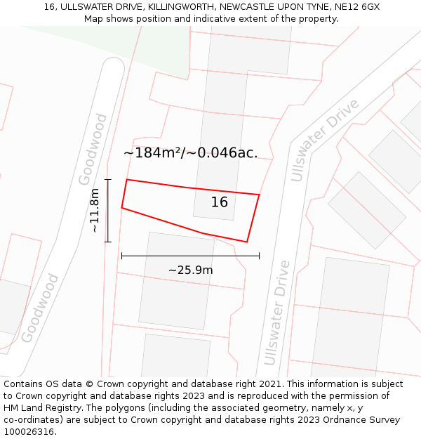 16, ULLSWATER DRIVE, KILLINGWORTH, NEWCASTLE UPON TYNE, NE12 6GX: Plot and title map