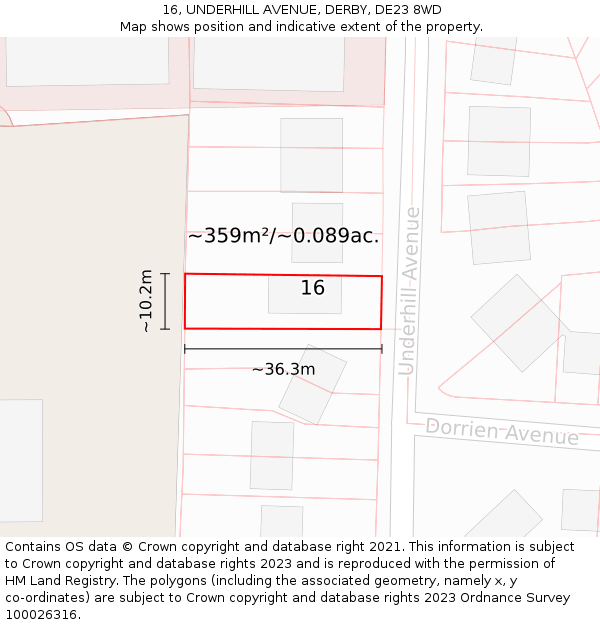 16, UNDERHILL AVENUE, DERBY, DE23 8WD: Plot and title map