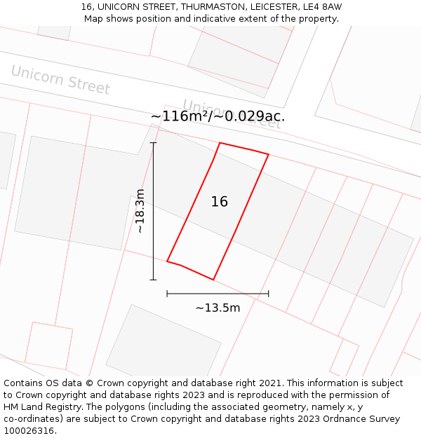 16, UNICORN STREET, THURMASTON, LEICESTER, LE4 8AW: Plot and title map