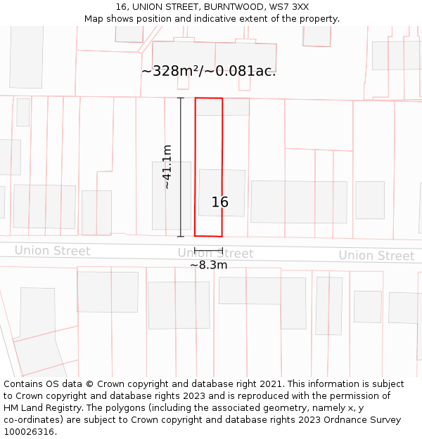 16, UNION STREET, BURNTWOOD, WS7 3XX: Plot and title map