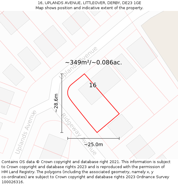 16, UPLANDS AVENUE, LITTLEOVER, DERBY, DE23 1GE: Plot and title map