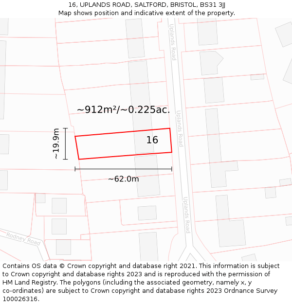 16, UPLANDS ROAD, SALTFORD, BRISTOL, BS31 3JJ: Plot and title map