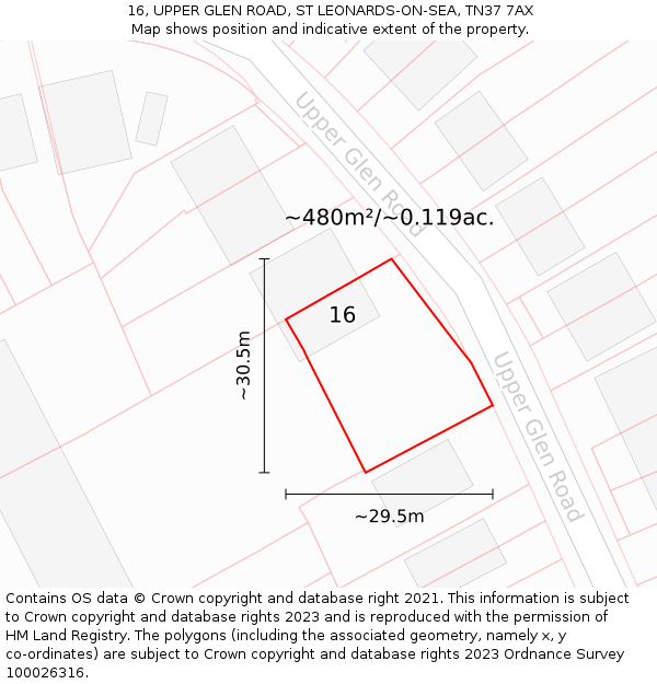 16, UPPER GLEN ROAD, ST LEONARDS-ON-SEA, TN37 7AX: Plot and title map