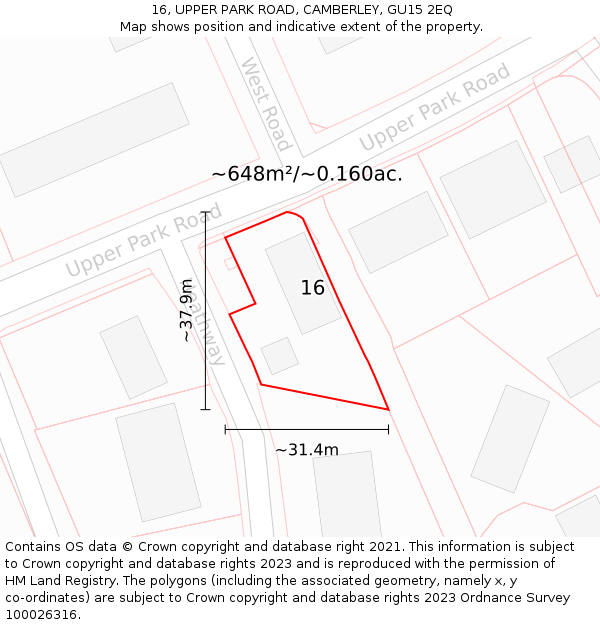 16, UPPER PARK ROAD, CAMBERLEY, GU15 2EQ: Plot and title map