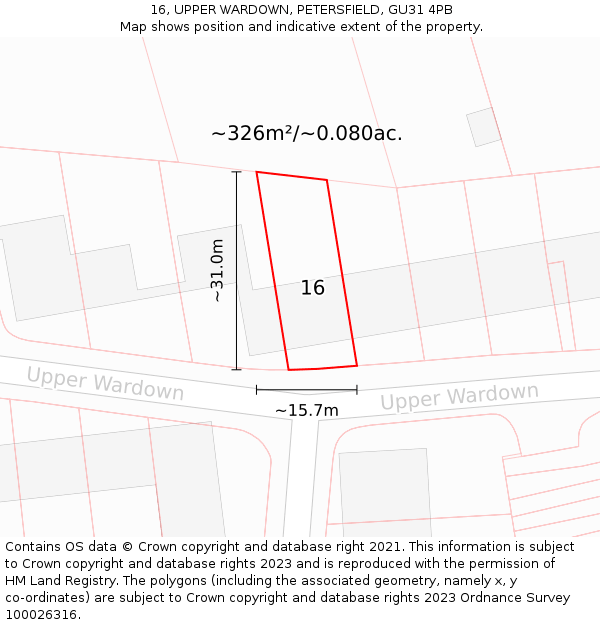 16, UPPER WARDOWN, PETERSFIELD, GU31 4PB: Plot and title map