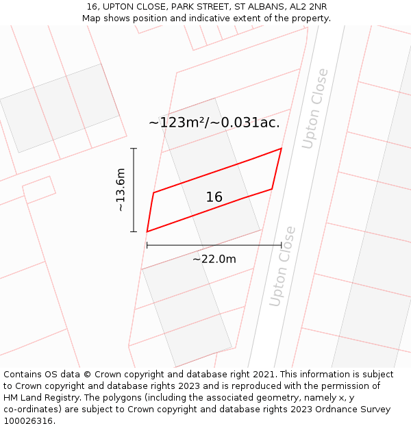 16, UPTON CLOSE, PARK STREET, ST ALBANS, AL2 2NR: Plot and title map